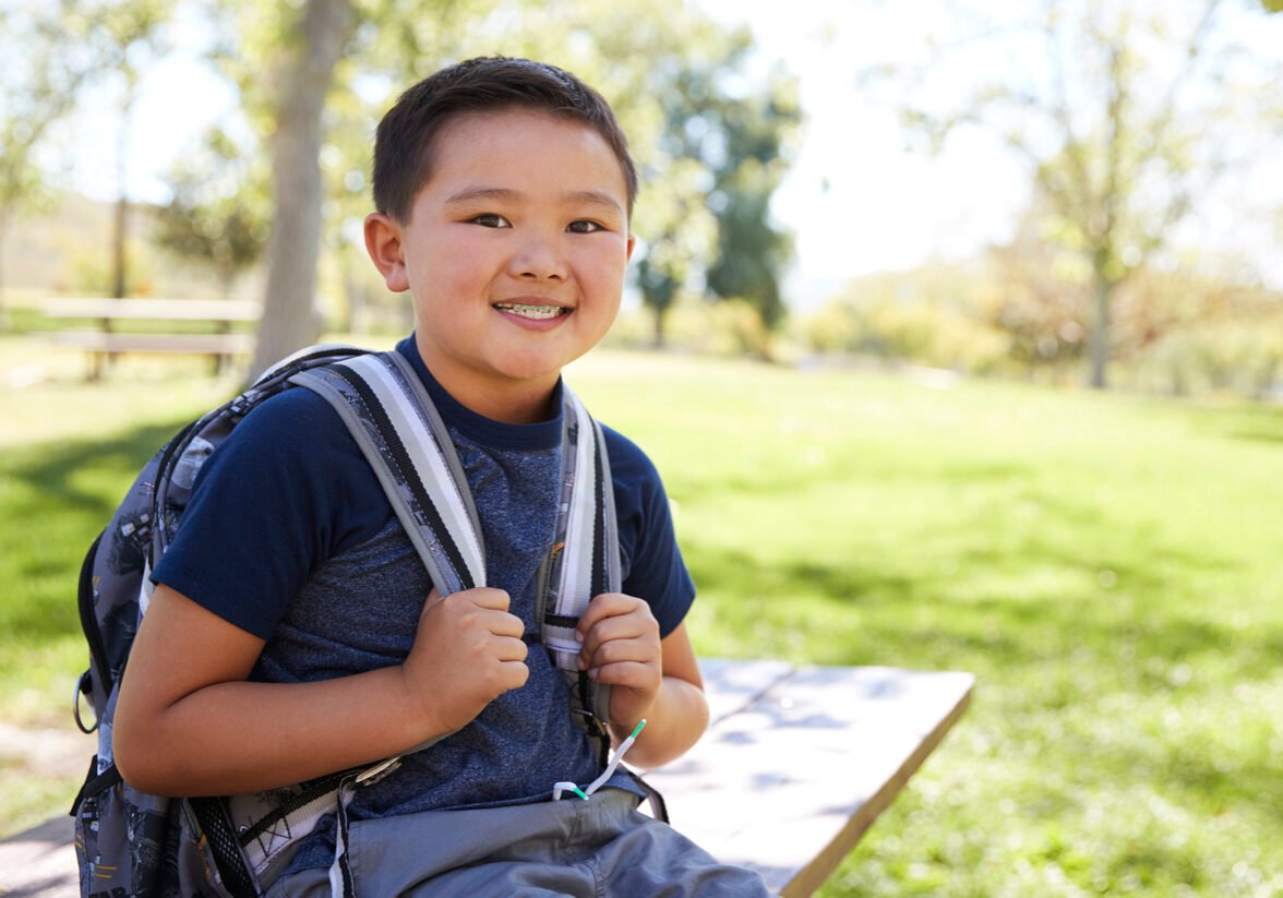 Young Asian schoolboy with backpack smiling to camera